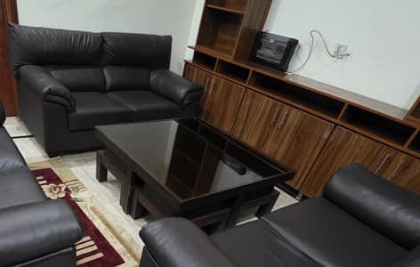 Brown leather 6 seater sofa set (2×3) with table & 4 stools