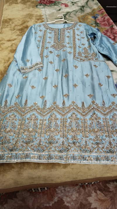 3 piece Sky blue colour  total hand work ready to wear urgent sale