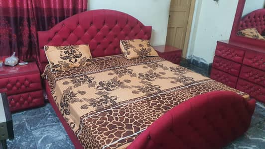Red Velvet bed Set bed side table dressing and Wardrobe