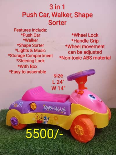Kids Toy Car (3 in 1) Push car, Walker, Shape Sorter, Lights & Music,