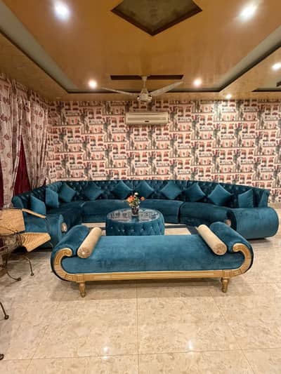 LUXURY TEAL VELVET SOFA SET WITH CENTER TABLE AND DEWAN-premium