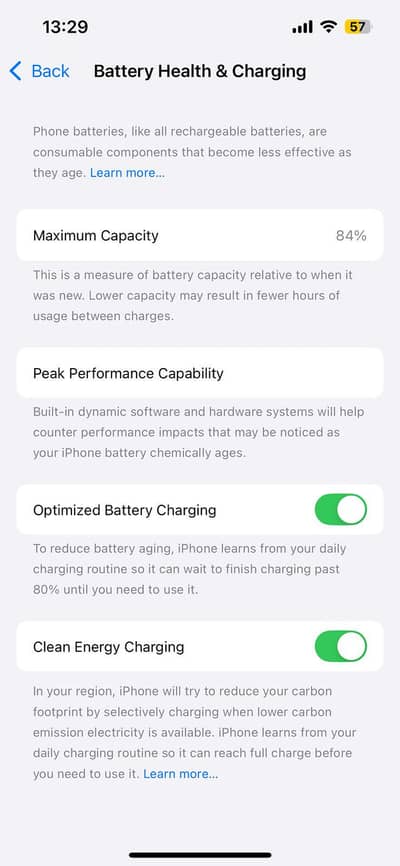 Iphone 13 factory unlock  128Gb glitch sim time battery health  84%