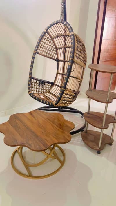 Wooden Swing Chair Set with 2 Tables – Good Condition