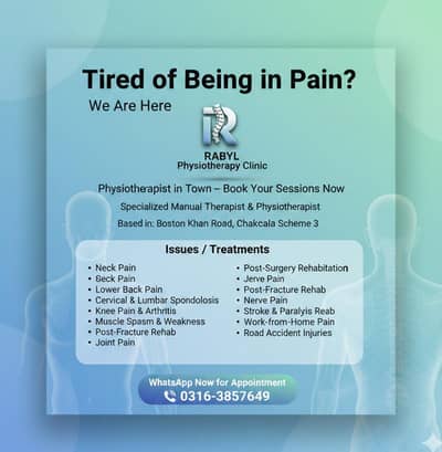 Physiotherapist in Chaklala Scheme 3|Pain Relief Specialist for women