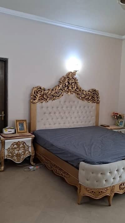 "Gold‑Ornate Carved Bed & Matching Side Tables and dressing table