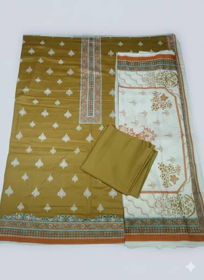 Elegant Mustard Green 3-Piece Unstitched Suit - Designer Print