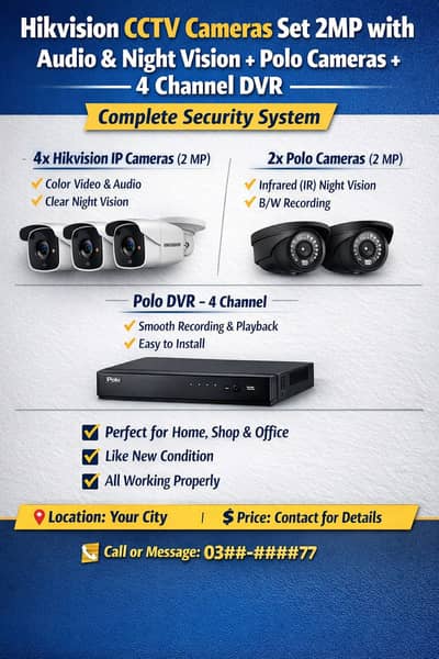 Hikvision 2MP CCTV Set+Audio Night Vision+DVR +2 Polo Cameras