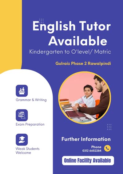 English Tutor for Kindergarten –O'level/Matric Students