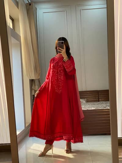 Crimson Red Embroidered 3PC & 2PC Frock | HU 32