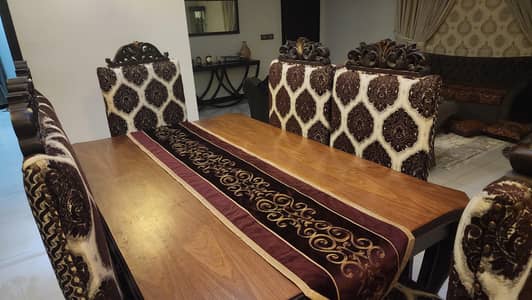Wood Top Dinning table with heavy chairs
