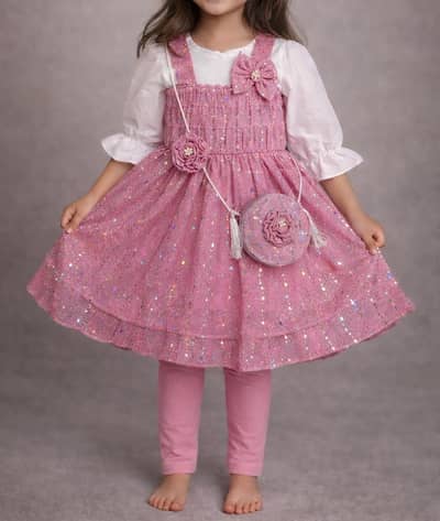 Baby Girl Pink Party Dress with Leggings & Purse (Age 5–9)
