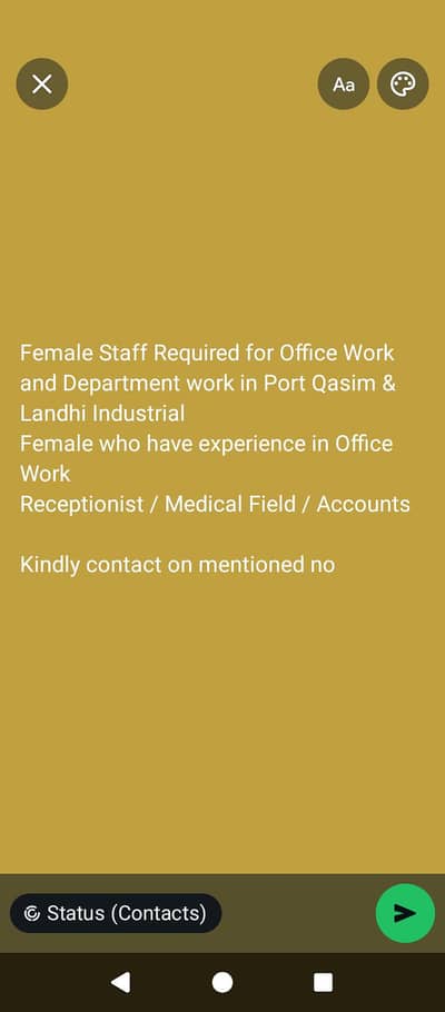 Female staff Required for  Plant Office at Port Qasim