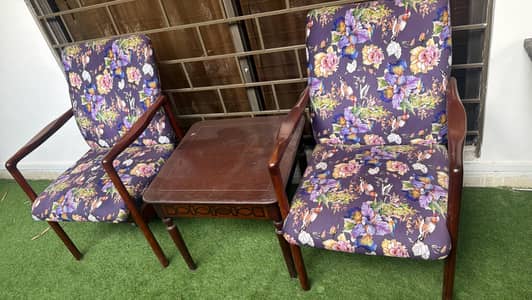Bed room chairs with table woth printed velvet cushioning.