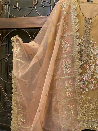 Yellow hand embroidered Shirt with Tea Pink Dupatta