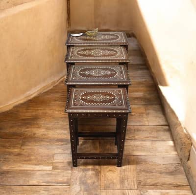 Sheesham Wood Nesting Table Set | White Hand Work | Premium Quality
