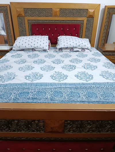 Selling used double bed set with two side tables