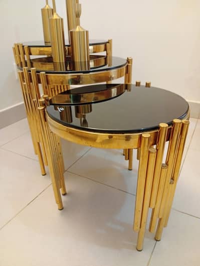 Brand New 3 tables Brass with brown glass top