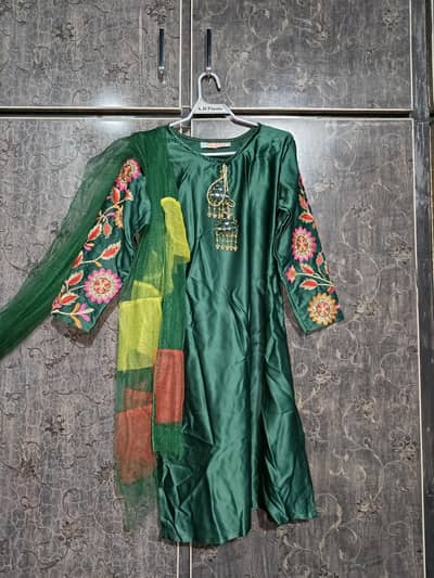 Silk 3 piece stitched kurta shalwar with net dupatta