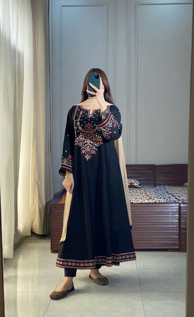 Black Embroidered Lawn Frock 3PC & 2PC | HU 19