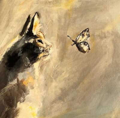 Cat And Butterfly, original handmade painting
