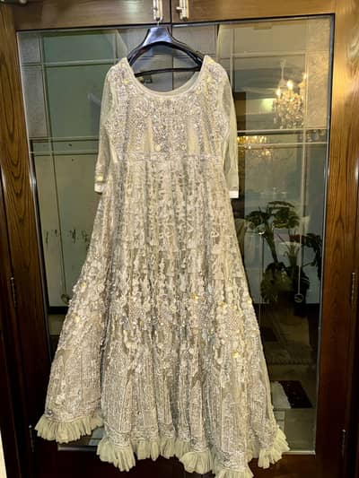 Luxury Pearl & Silver Embroidered Net Maxi with Heavy Dupatta