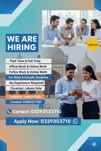 we are hiring  for office base and online work Apply now