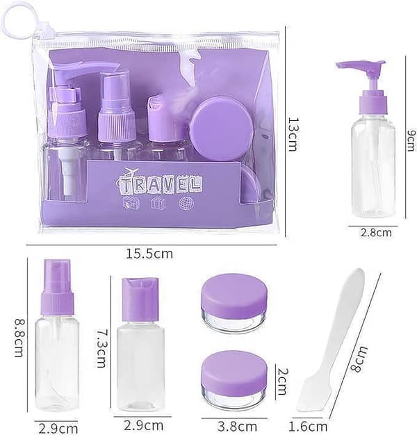 Travel Refillable Bottles Set with Pump, Spray, Jars & Clear Zip Bag – Leak-Proof Toiletry Containers for Shampoo, Lotion & Cosmetics (Assorted Color)