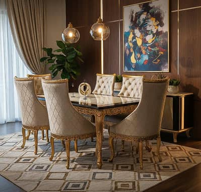 6 seater dining table, UV top table, metal steel,