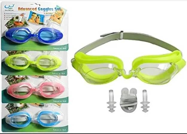 Pack of 3 Swimming Goggles Set: 1 Goggles, 1 Nose Clip, 1 Pair of Ear Plugs