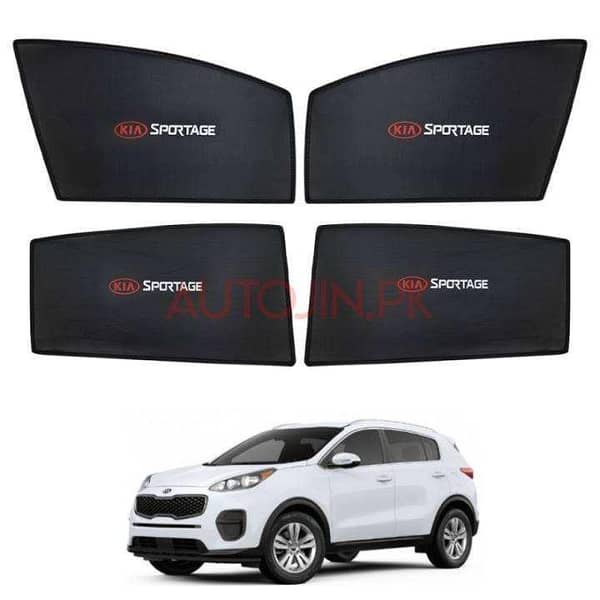 Kia Sportage 2018–2021 Sun Shade Curtains, 4-Piece Set with Sportage Logo in Jet Black