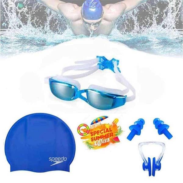 Set of 3: Swimming Goggles, Swim Cap, Ear Plugs, and Nose Clip with Anti-Fog, UV Protection
