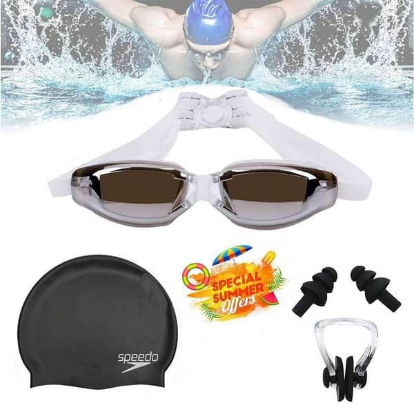 Set of 3 Swimming Glasses, Swim Cap, Ear Plugs and Nose Clip with Anti-Fog, UV Protection