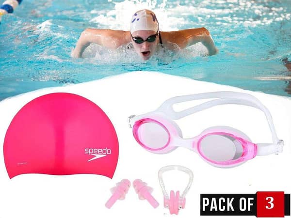 Pack of 3: Swimming Goggles, Nose Clip, Ear Plugs, and Cap with Free Protective Case