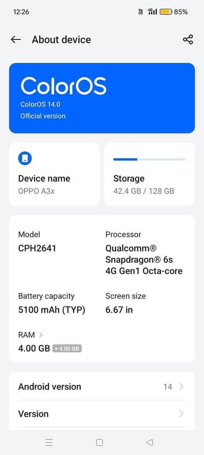 oppo a3x 4+4 128 gb  29 dec ko warnty expire hui hy