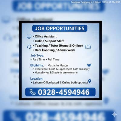 Office & Online Jobs Available – Male / Female – Lahore teachar