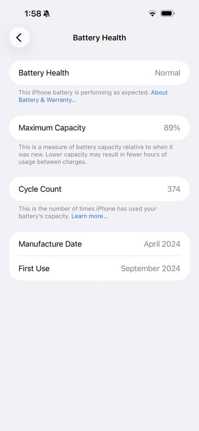 I phone 15 pro max 256 gb jv 89 battery health