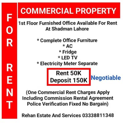 1st Floor Furnished Office For Rent At Shadman Market LHR