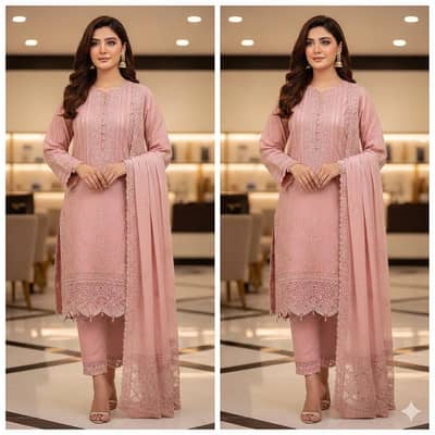 Unstitched Pink Embroidered 3-Piece Suit – Premium Quality Fabric