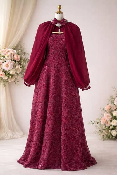 Luxury Burgundy Embroidered Maxi Dress with Chiffon Cape Sleeves