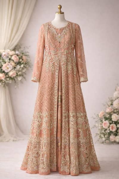 Elegant Embroidered Peach Maxi Dress