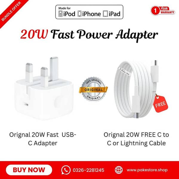 Original iPhone 20W PD 3-Pin Power Adapter + FREE Original Data Cable | 1-Year Warranty | Fast Charging