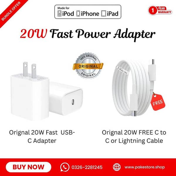 Original Apple 20W PD 2-Pin Power Adapter + FREE Lightning / USB-C Cable | Fast Charging | 1-Year Warranty
