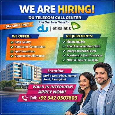 Call Center Jobs | Sales Executive Required (Day Shift) DU Telecom