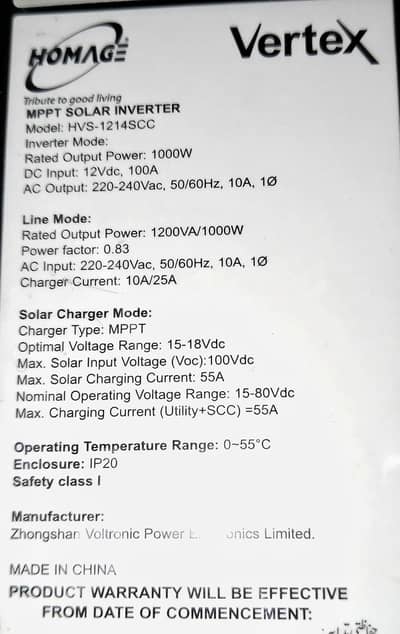 1000 watt solar inverter Homage  Model vertex  1214
