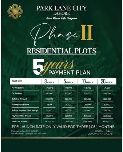 Prime 3 Marla Residential Plots in Park Lane City Lahore Phase II | 5-Year Payment Plan