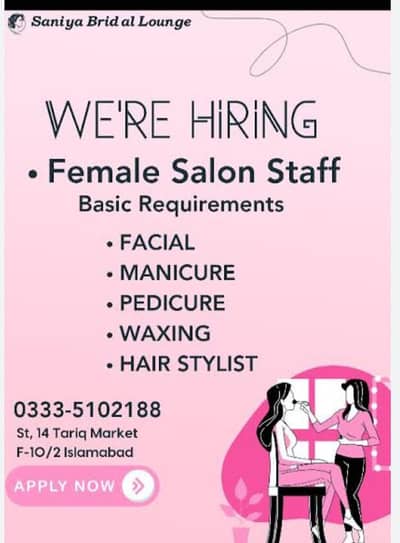 Female Staff Required for Beauty Parlour