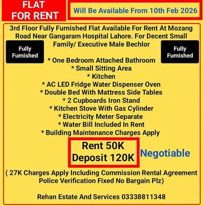 3rd Floor Fully Furnished Flat For Rent Near Gangaram Hospital LHR