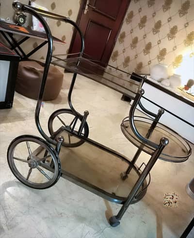 VINTAGE RUSTIC STYLE COPPER-BRONZE ALLOY DURABLE GLASS TROLLEY TABLE!