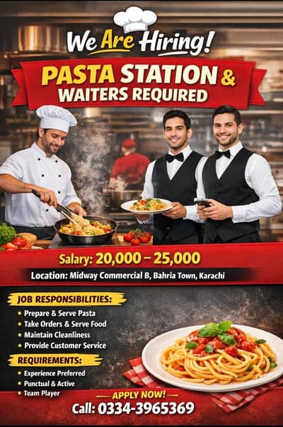 Restaurant Waiter Required in bahria town karachi
