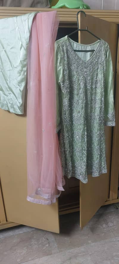 3 pc pistachio color party wear with silk trouser and contrast dupatta